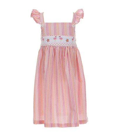 Bonnie Jean Little Girls Smocked Flamingo Embroidered Stripe Seersucker Sundress