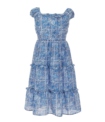 Bonnie Jean Little Girls Short Sleeve Floral-Grid-Printed Tiered Crepe Long Dress