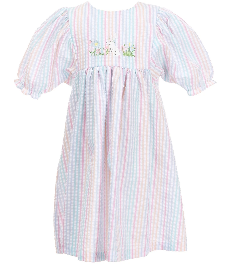 Bonnie Jean Little Girls Dolman-Sleeve Striped/Bunny-Embroidered Seersucker Fit-And-Flare Dress