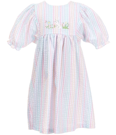 Bonnie Jean Little Girls Dolman-Sleeve Striped/Bunny-Embroidered Seersucker Fit-And-Flare Dress