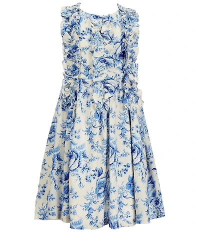 Bonnie Jean Little Girls Linen Blend Floral Toile Printed Ruffle Front Fit-And-Flare Dress