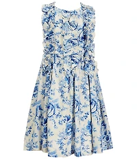 Bonnie Jean Little Girls Linen Blend Floral Toile Printed Ruffle Front Fit-And-Flare Dress
