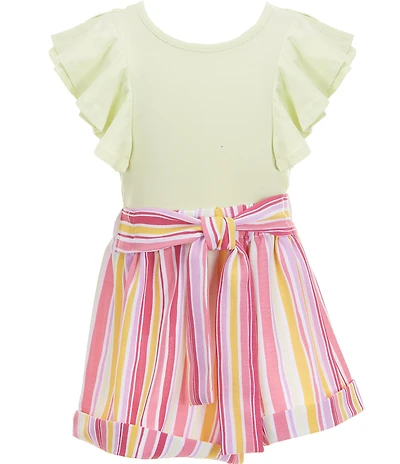 Bonnie Jean Little Girls Flutter Short Sleeve Knit To Woven Stripe Paperbag Short Romper