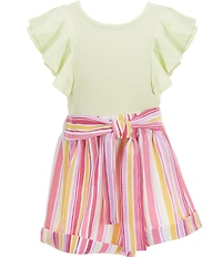 Bonnie Jean Little Girls Flutter Short Sleeve Knit To Woven Stripe Paperbag Short Romper
