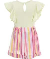 Bonnie Jean Little Girls Flutter Short Sleeve Knit To Woven Stripe Paperbag Short Romper
