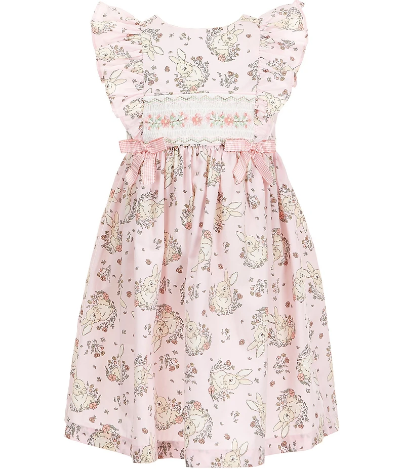 Bonnie Jean Little Girls Flutter-Sleeve Bow Details Bunny-Printed Embroidered Peasant Dress