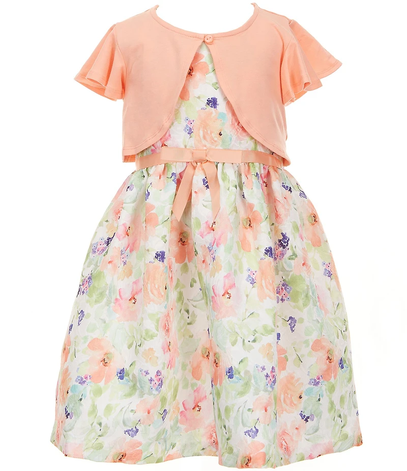 Bonnie Jean Little Girls Flutter-Sleeve Knit Cardigan & Sleeveless Floral Jacquard Fit-And-Flare Dress