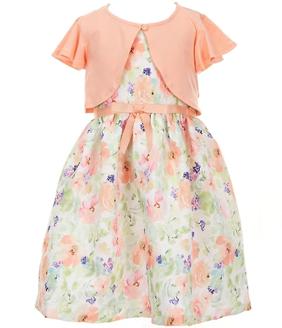 Bonnie Jean Little Girls Flutter-Sleeve Knit Cardigan & Sleeveless Floral Jacquard Fit-And-Flare Dress