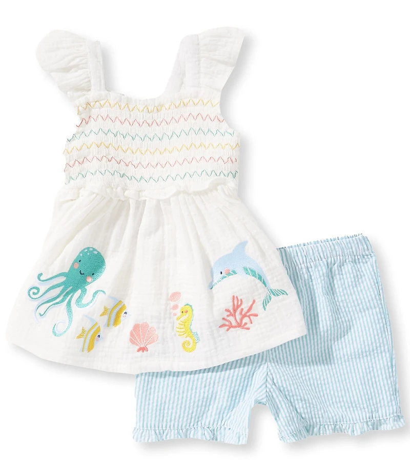 Bonnie Jean Little Girls Flutter-Sleeve Sea Creatures Gauze Tank Top & Striped Shorts Set