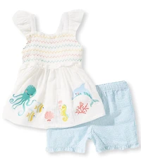 Bonnie Jean Little Girls Flutter-Sleeve Sea Creatures Gauze Tank Top & Striped Shorts Set