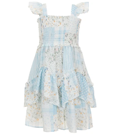 Bonnie Jean Little Girls Flutter Sleeve Smocked Patchwork Clip-Dot Dress