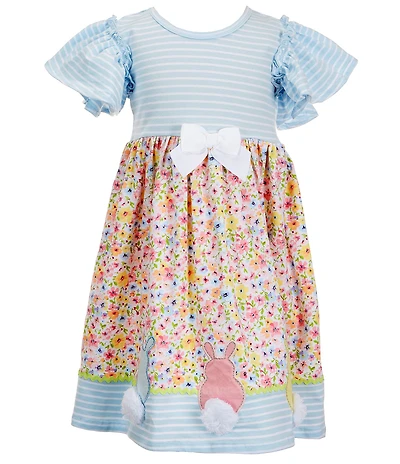 Bonnie Jean Little Girls Flutter Sleeve Striped Floral Mixed Printed Bunny Appliqued Fit-And-Flare Dress