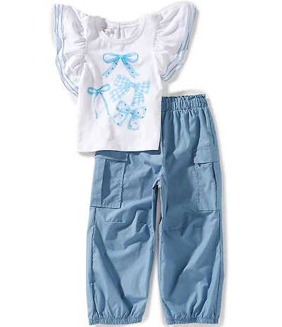Bonnie Jean Little Girls Layered-Flutter-Sleeve Bow Print Top & Solid Parachute Cargo Pants Set