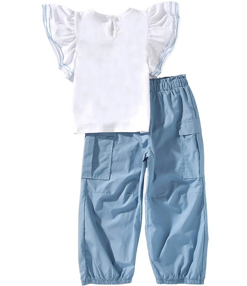 Bonnie Jean Little Girls Layered-Flutter-Sleeve Bow Print Top & Solid Parachute Cargo Pants Set