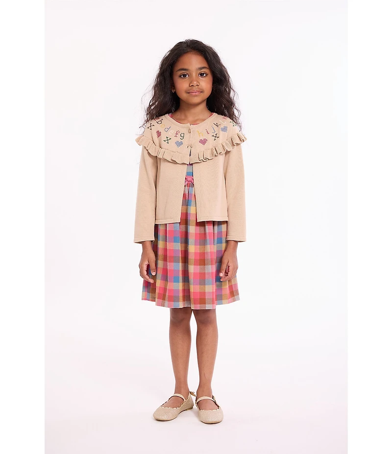 Bonnie Jean Little Girls Long-Sleeve ABC/Heart-Embroidered Cardigan & Sleeveless Plaid Fit-And-Flare Dress Set