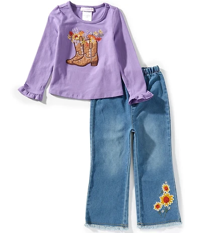 Bonnie Jean Little Girls Long-Sleeve Boot Appliqued T-Shirt & Frayed-Hem Jeans Set