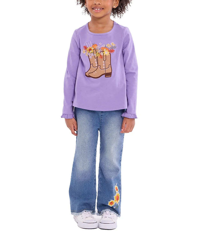 Bonnie Jean Little Girls Long-Sleeve Boot Appliqued T-Shirt & Frayed-Hem Jeans Set