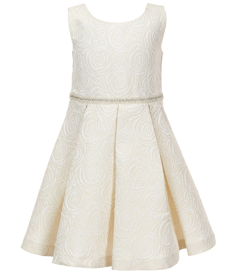 Bonnie Jean Little Girls Long-Sleeve Bow-Accented Sparkle-Knit Cardigan & Metallic Floral Jacquard Fit-And-Flare Dress
