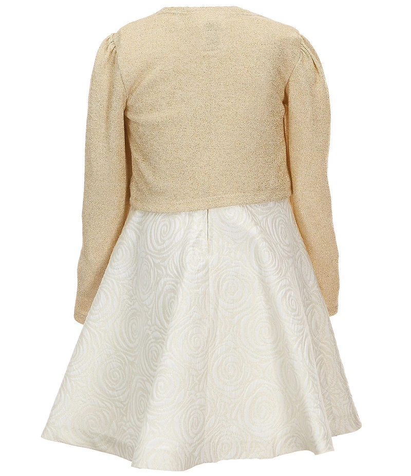 Bonnie Jean Little Girls Long-Sleeve Bow-Accented Sparkle-Knit Cardigan & Metallic Floral Jacquard Fit-And-Flare Dress