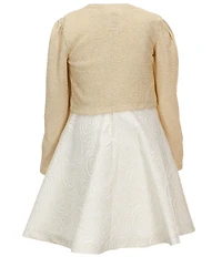 Bonnie Jean Little Girls Long-Sleeve Bow-Accented Sparkle-Knit Cardigan & Metallic Floral Jacquard Fit-And-Flare Dress