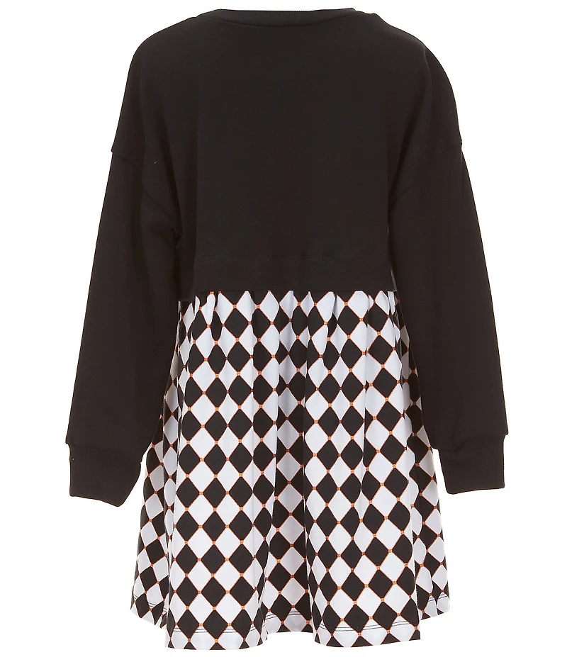 Bonnie Jean Little Girls Long-Sleeve Crocheted-Pumpkin-Appliqued Bodice/Harlequin/Foiled-Dot Skirted Popover Dress