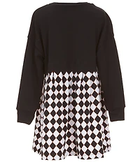 Bonnie Jean Little Girls Long-Sleeve Crocheted-Pumpkin-Appliqued Bodice/Harlequin/Foiled-Dot Skirted Popover Dress