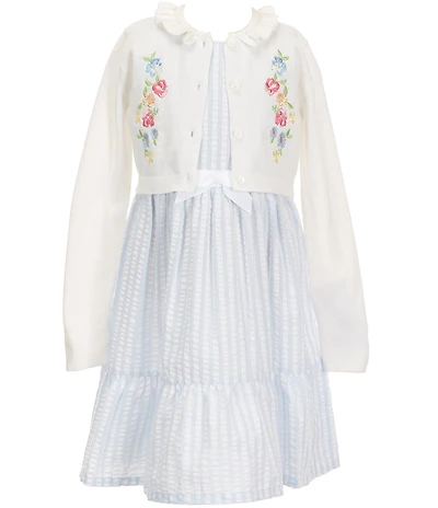 Bonnie Jean Little Girls Long-Sleeve Floral-Embroidered Knit Cardigan & Sleeveless Striped Fit-And-Flare Seersucker Dress Set