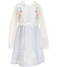 Bonnie Jean Little Girls Long-Sleeve Floral-Embroidered Knit Cardigan & Sleeveless Striped Fit-And-Flare Seersucker Dress Set