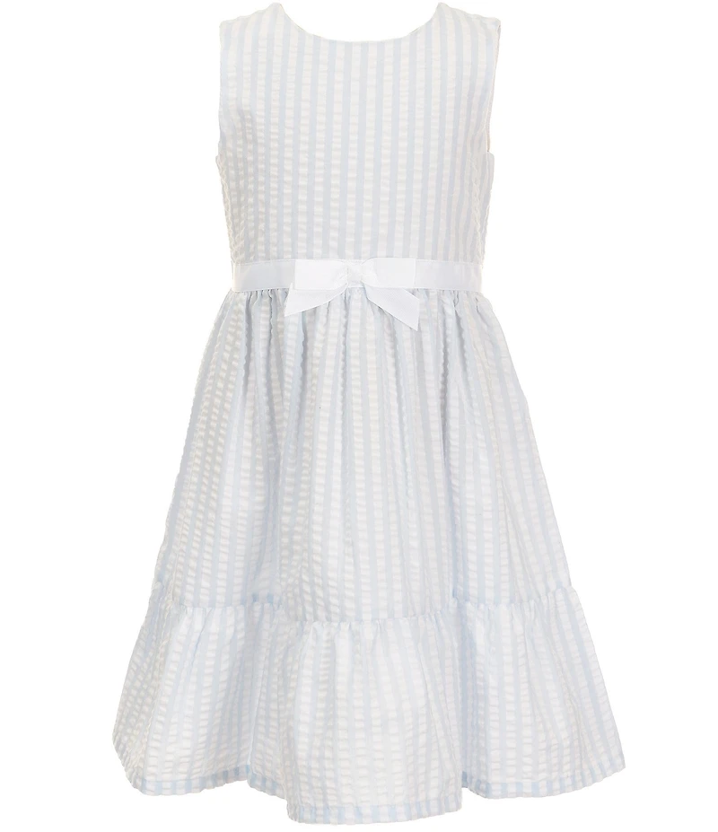 Bonnie Jean Little Girls Long-Sleeve Floral-Embroidered Knit Cardigan & Sleeveless Striped Fit-And-Flare Seersucker Dress Set