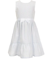 Bonnie Jean Little Girls Long-Sleeve Floral-Embroidered Knit Cardigan & Sleeveless Striped Fit-And-Flare Seersucker Dress Set