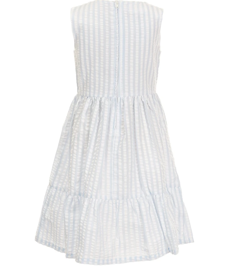 Bonnie Jean Little Girls Long-Sleeve Floral-Embroidered Knit Cardigan & Sleeveless Striped Fit-And-Flare Seersucker Dress Set