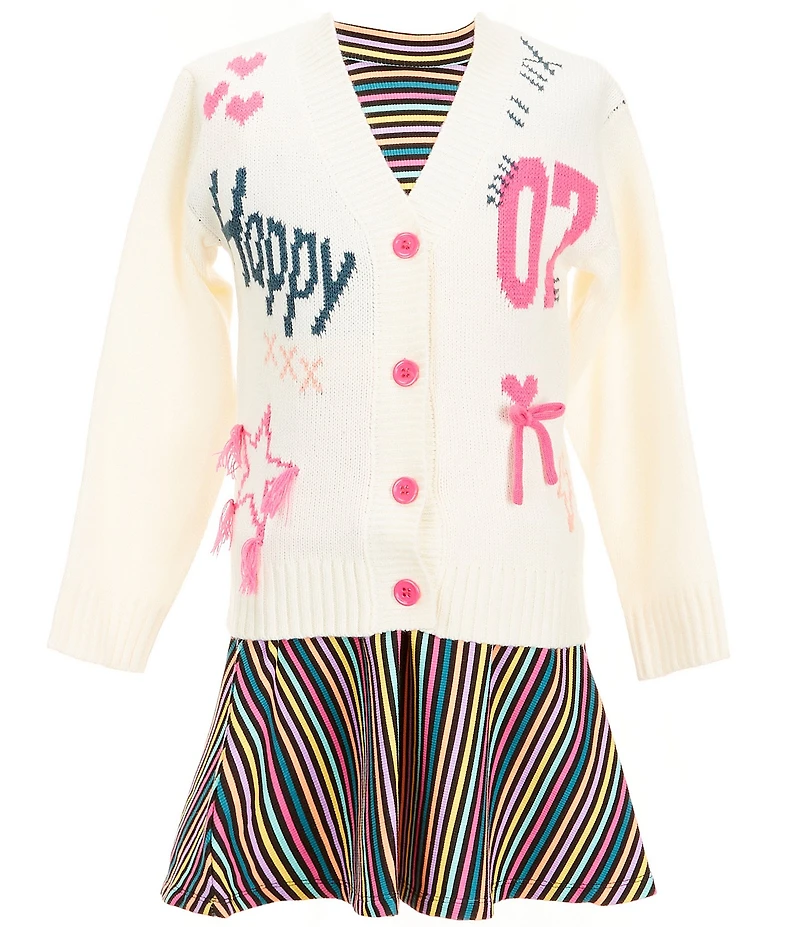 Bonnie Jean Little Girls Long-Sleeve Happy Cardigan Sweater & Short-Sleeve Horizontal/Vertical-Striped Rib-Knit Drop-Waist Dress