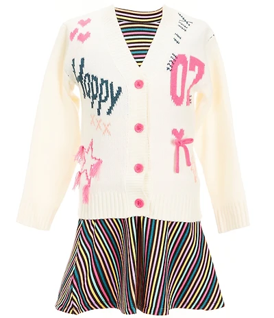 Bonnie Jean Little Girls Long-Sleeve Happy Cardigan Sweater & Short-Sleeve Horizontal/Vertical-Striped Rib-Knit Drop-Waist Dress
