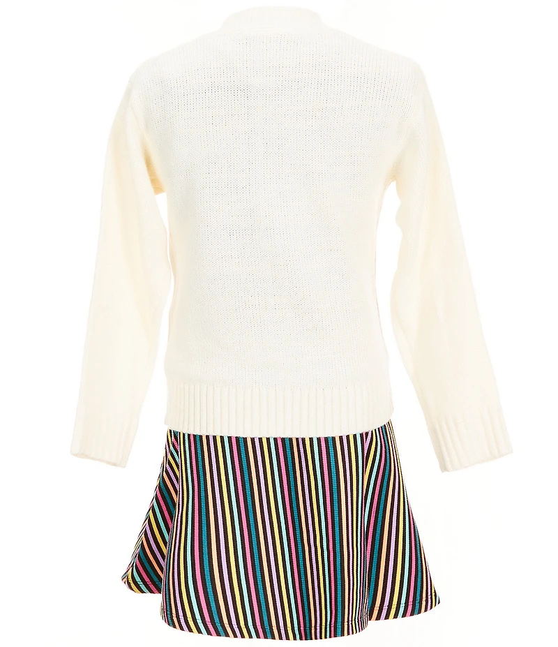 Bonnie Jean Little Girls Long-Sleeve Happy Cardigan Sweater & Short-Sleeve Horizontal/Vertical-Striped Rib-Knit Drop-Waist Dress