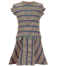 Bonnie Jean Little Girls Long-Sleeve Happy Cardigan Sweater & Short-Sleeve Horizontal/Vertical-Striped Rib-Knit Drop-Waist Dress