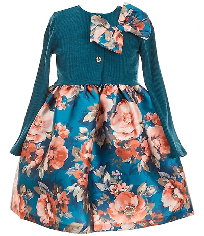 Bonnie Jean Little Girls Long-Sleeve Solid Textured-Knit Cardigan & Sleeveless Floral Mikado Fit-And-Flare Dress