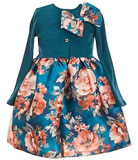 Bonnie Jean Little Girls Long-Sleeve Solid Textured-Knit Cardigan & Sleeveless Floral Mikado Fit-And-Flare Dress