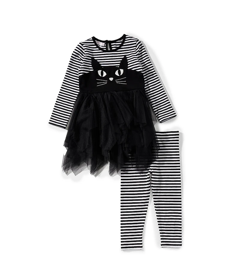 Bonnie Jean Little Girls Long-Sleeve Striped Knit/Solid Mesh Tutu-Skirted Dress & Striped Knit Leggings Set