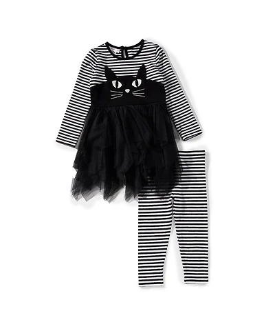 Bonnie Jean Little Girls Long-Sleeve Striped Knit/Solid Mesh Tutu-Skirted Dress & Striped Knit Leggings Set