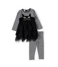 Bonnie Jean Little Girls Long-Sleeve Striped Knit/Solid Mesh Tutu-Skirted Dress & Striped Knit Leggings Set
