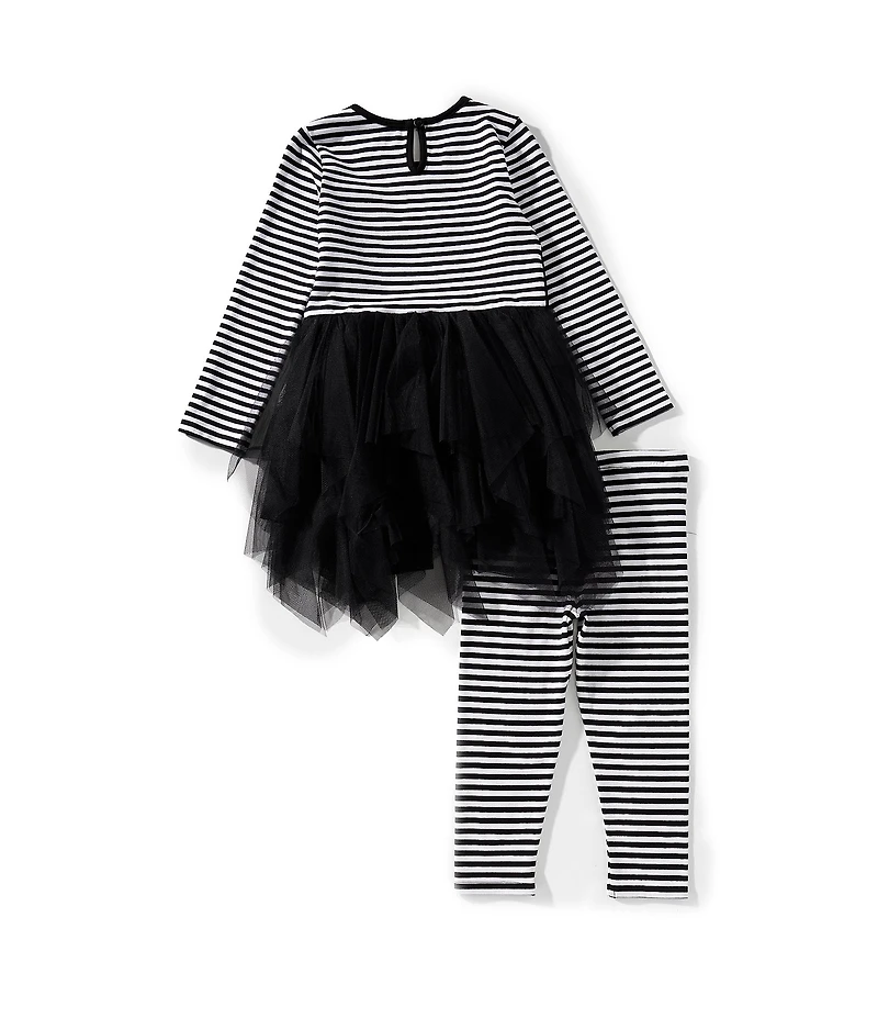 Bonnie Jean Little Girls Long-Sleeve Striped Knit/Solid Mesh Tutu-Skirted Dress & Striped Knit Leggings Set