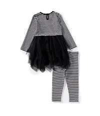 Bonnie Jean Little Girls Long-Sleeve Striped Knit/Solid Mesh Tutu-Skirted Dress & Striped Knit Leggings Set