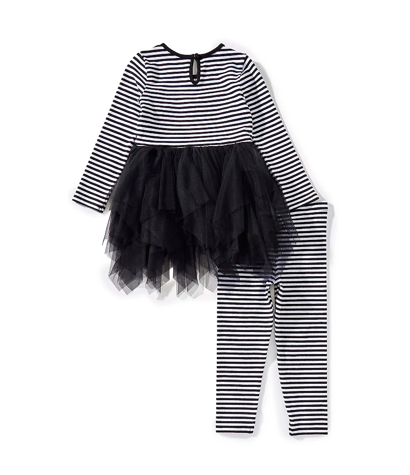 Bonnie Jean Little Girls Long-Sleeve Striped Knit/Solid Mesh Tutu-Skirted Dress & Striped Knit Leggings Set