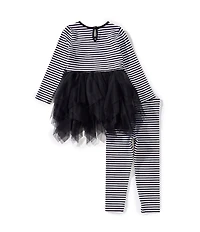 Bonnie Jean Little Girls Long-Sleeve Striped Knit/Solid Mesh Tutu-Skirted Dress & Striped Knit Leggings Set