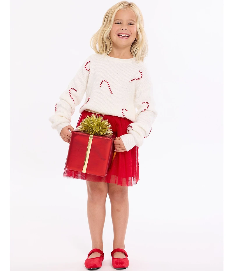 Bonnie Jean Little Girls Long-Sleeve Three-Dimensional Candy Cane Sweater & Point D' Esprit Mesh Tutu Skirt