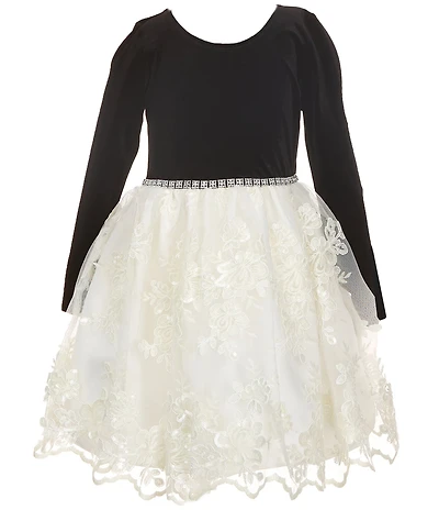 Bonnie Jean Little Girls Long Sleeve Velvet Beaded Waist Sparkle Trim Lace Dress