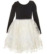 Bonnie Jean Little Girls Long Sleeve Velvet Beaded Waist Sparkle Trim Lace Dress