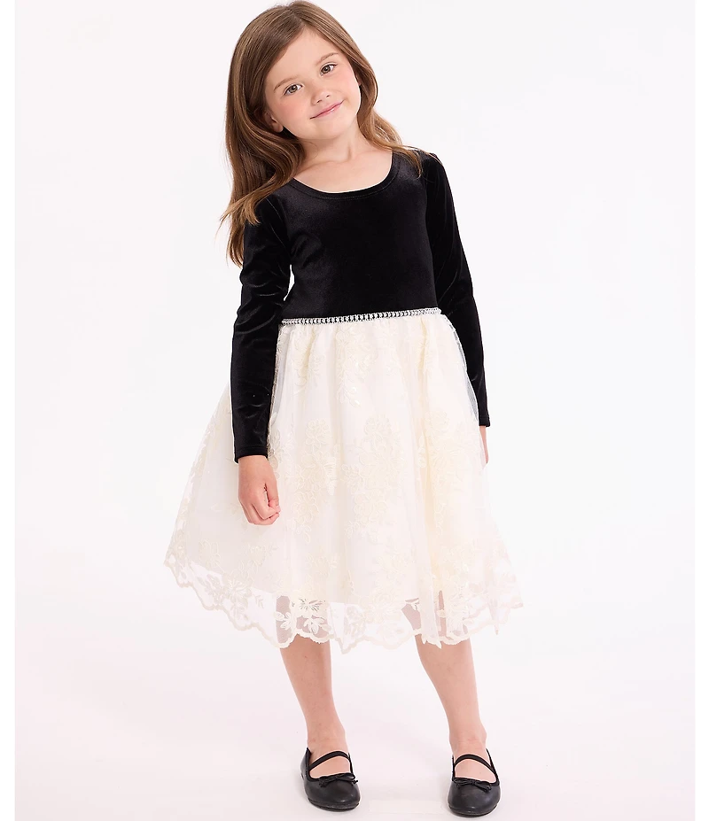 Bonnie Jean Little Girls Long Sleeve Velvet Beaded Waist Sparkle Trim Lace Dress
