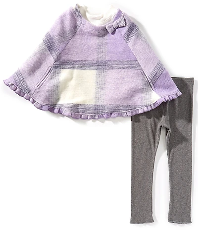 Bonnie Jean Little Girls Plaid Brushed-Fleece Poncho, Long-Sleeve Solid Knit Top & Solid Rib-Knit Leggings Set