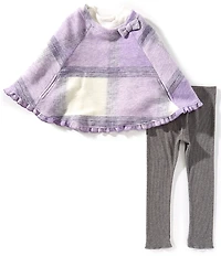 Bonnie Jean Little Girls Plaid Brushed-Fleece Poncho, Long-Sleeve Solid Knit Top & Solid Rib-Knit Leggings Set